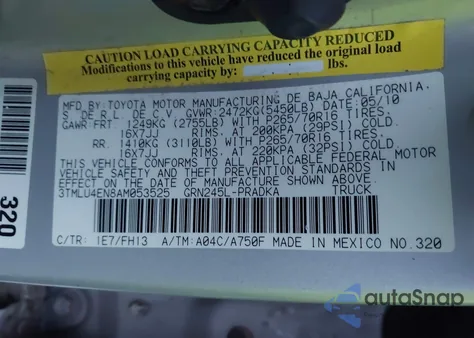 2010 Toyota Tacoma Base V6 из США, поврежденный, VIN 3TMLU4EN8AM053525